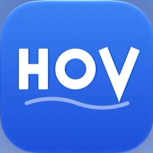 HOV app icon: white letters HOV above a wave on royal blue